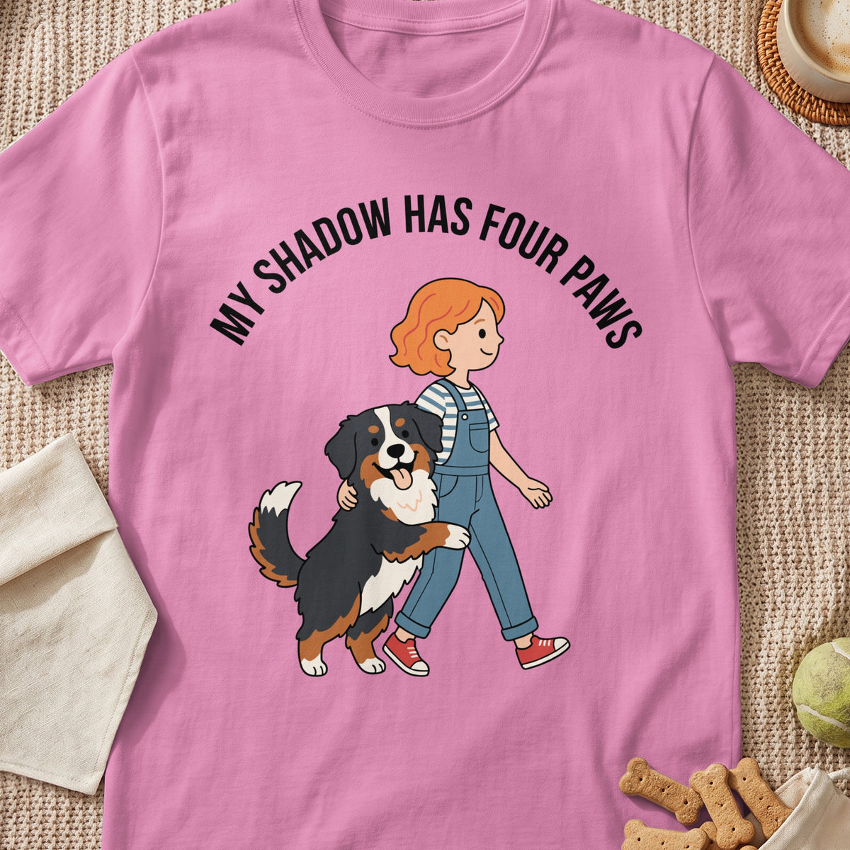 Pink t-shirt with "MY SHADOW HAS FOUR PAWS" and illustration of a girl and a dog.