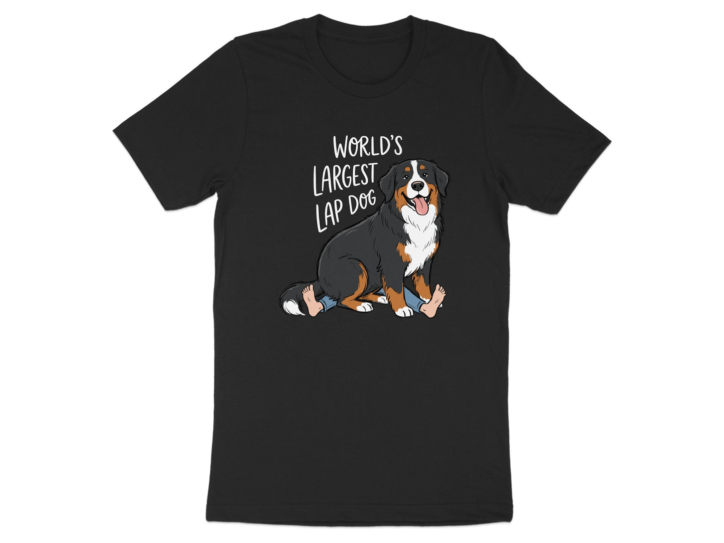 Black t-shirt with "World's Largest Lap Dog" text and a Bernese Mountain Dog graphic.