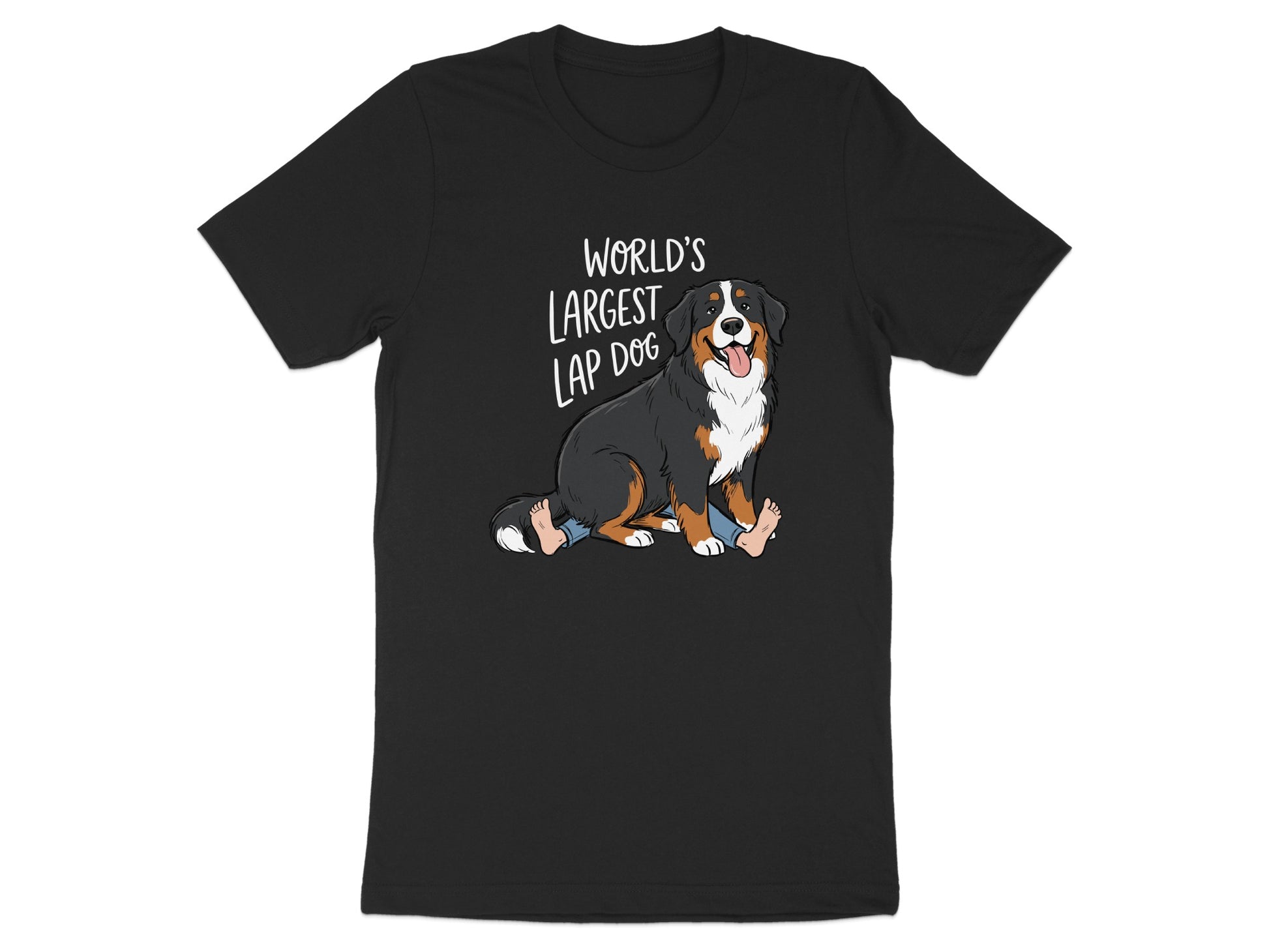 Black t-shirt with "World's Largest Lap Dog" text and a Bernese Mountain Dog graphic.