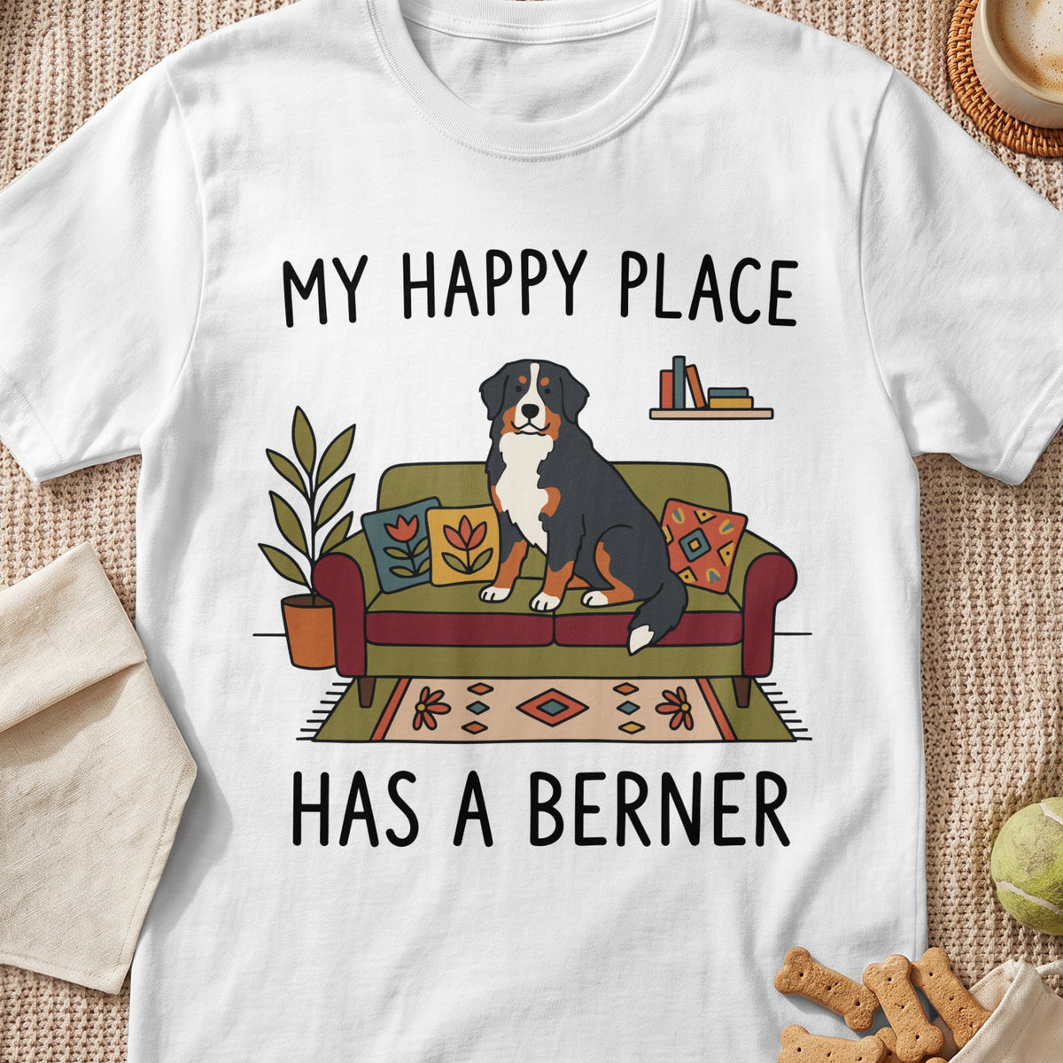 White t-shirt with illustration of Bernese Mountain Dog on couch and text "My Happy Place Has A Berner".