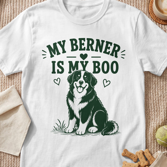 Bernese Mountain Dog with "MY BERNER IS MY BOO" text and heart graphics.