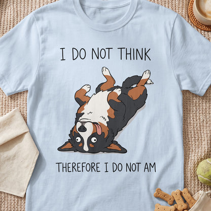Light blue t-shirt with cartoon dog and text "I DO NOT THINK THEREFORE I DO NOT AM".