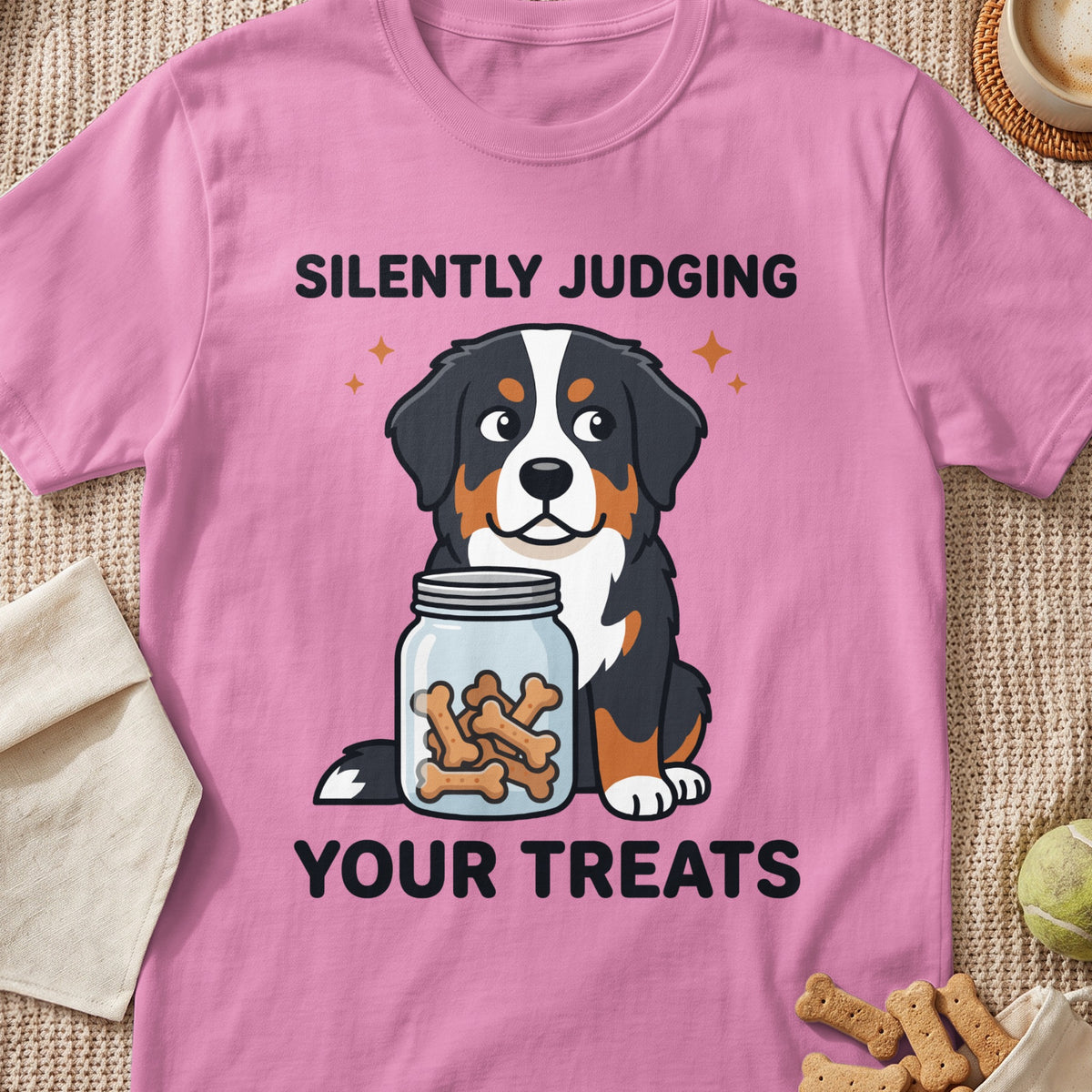 Bernese Mountain Dog sits by a jar of treats with text "Silently Judging Your Treats."