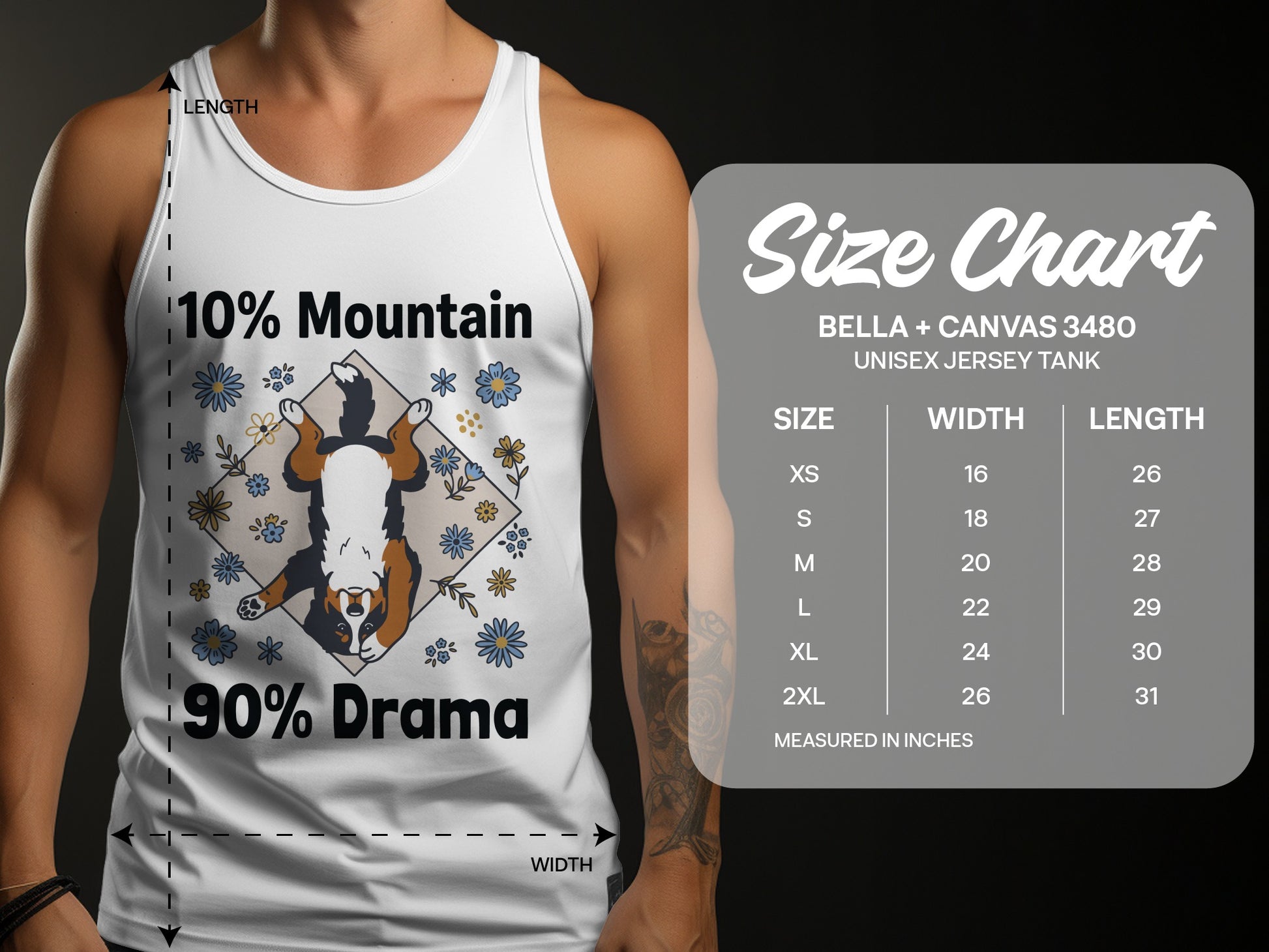 White tank top with "10% Mountain 90% Drama" and dog graphic, size chart included.