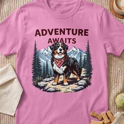 Bernese Mountain Dog wearing bandana with text "ADVENTURE AWAITS" and mountain scene.