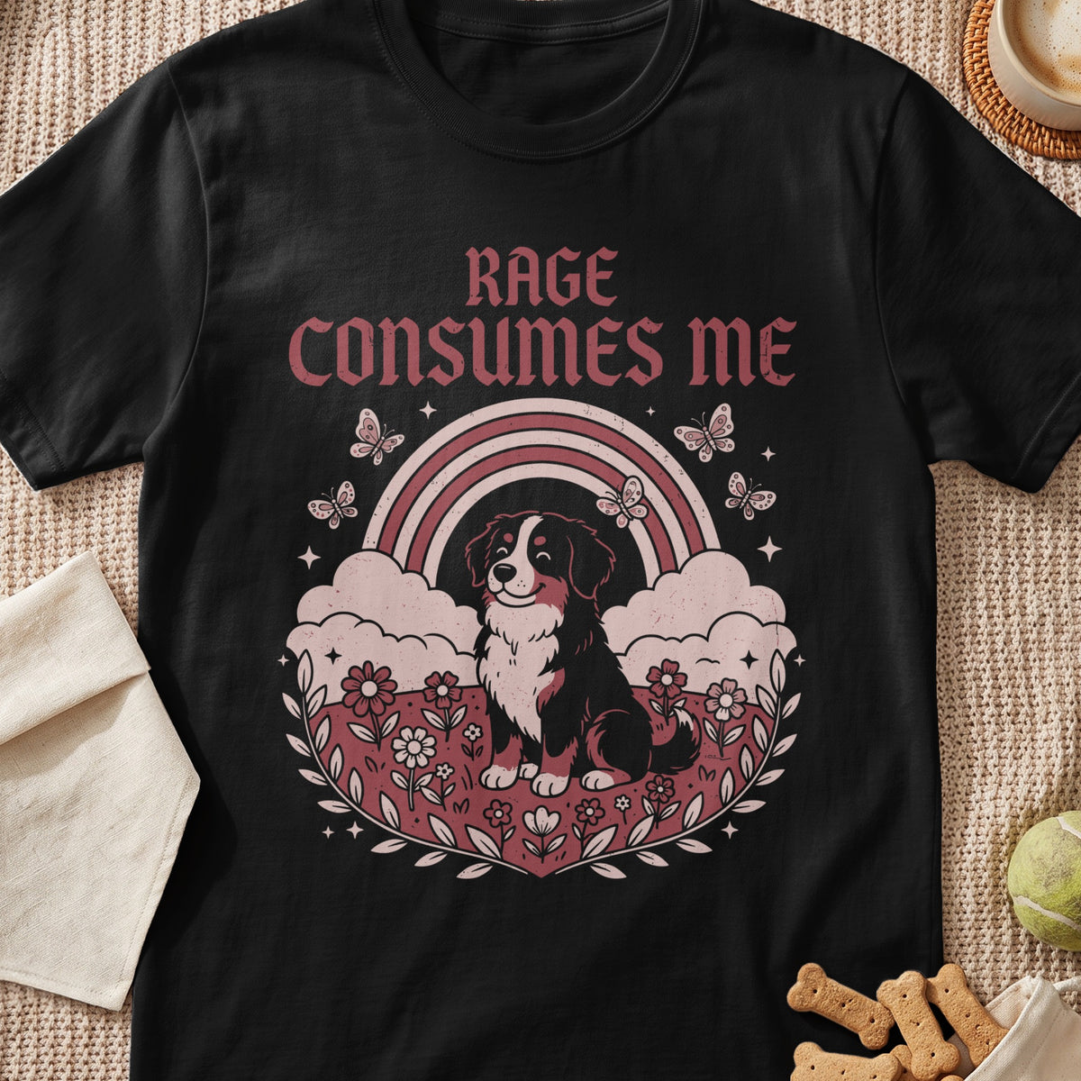 Black t-shirt with a Bernese Mountain Dog and rainbow graphic and text "RAGE CONSUMES ME".