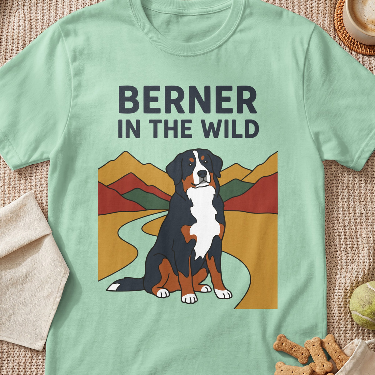 Mint t-shirt with "BERNER IN THE WILD" text and cartoon Bernese Mountain Dog.