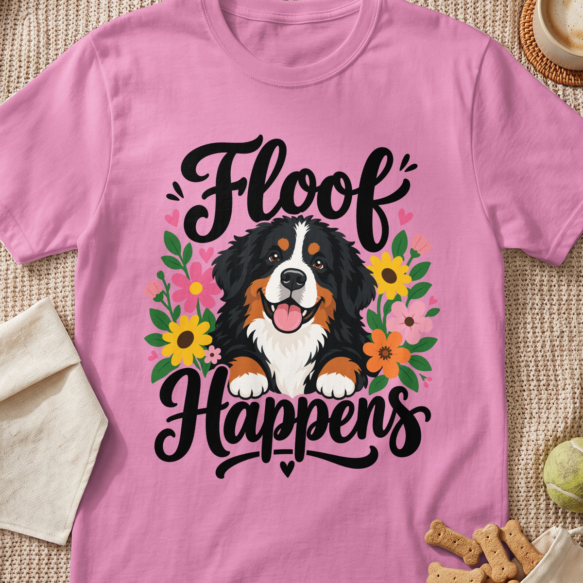 Pink t-shirt with Bernese Mountain Dog graphic and text "Floof Happens"