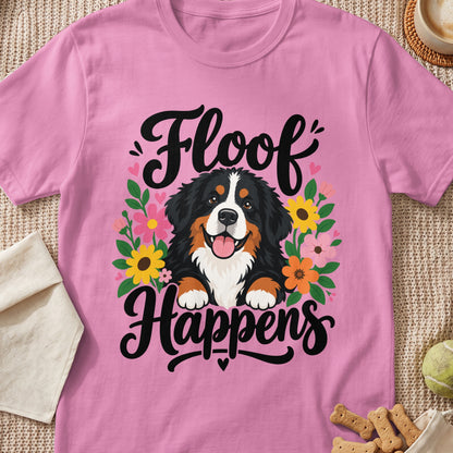 Pink t-shirt with Bernese Mountain Dog graphic and text "Floof Happens"