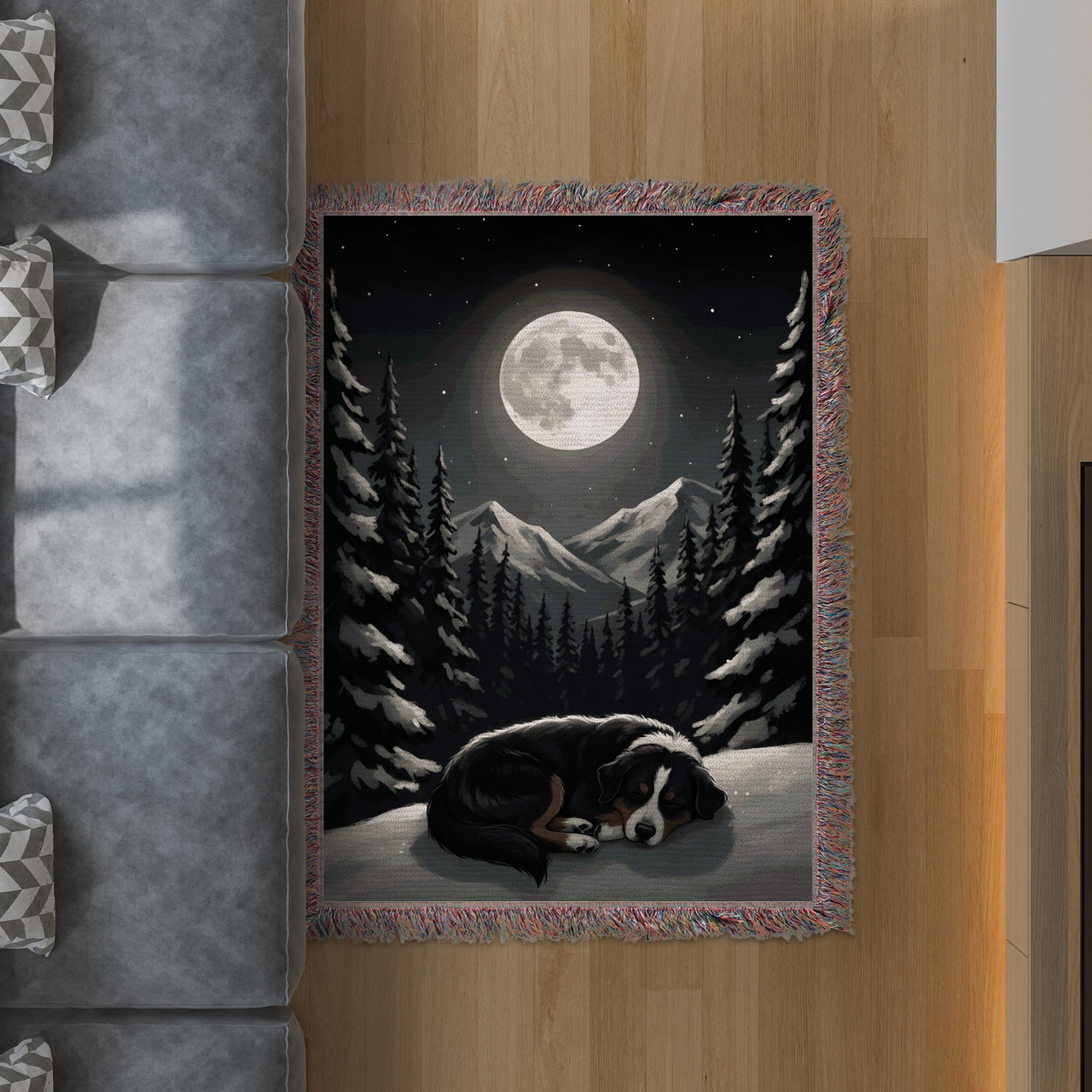 Sleeping Dog in Winter Night Mountains Rug