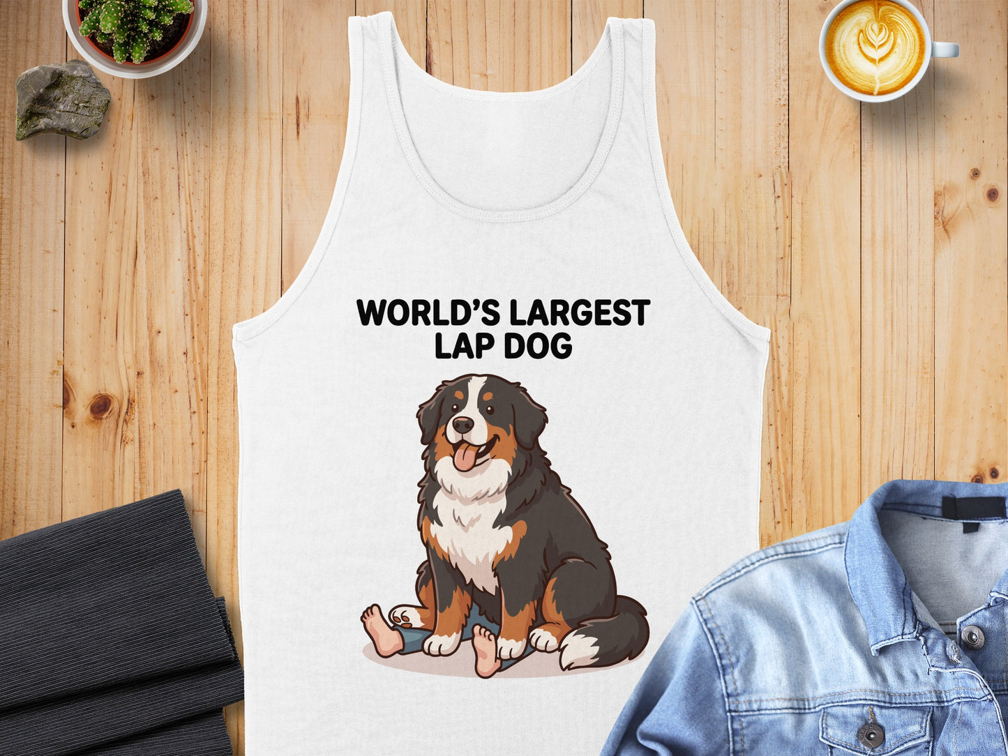 White tank top with "WORLD'S LARGEST LAP DOG" and Bernese Mountain Dog graphic.