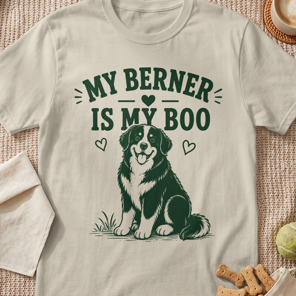 T-shirt with green text "MY BERNER IS MY BOO" and a drawing of a happy Bernese Mountain Dog.
