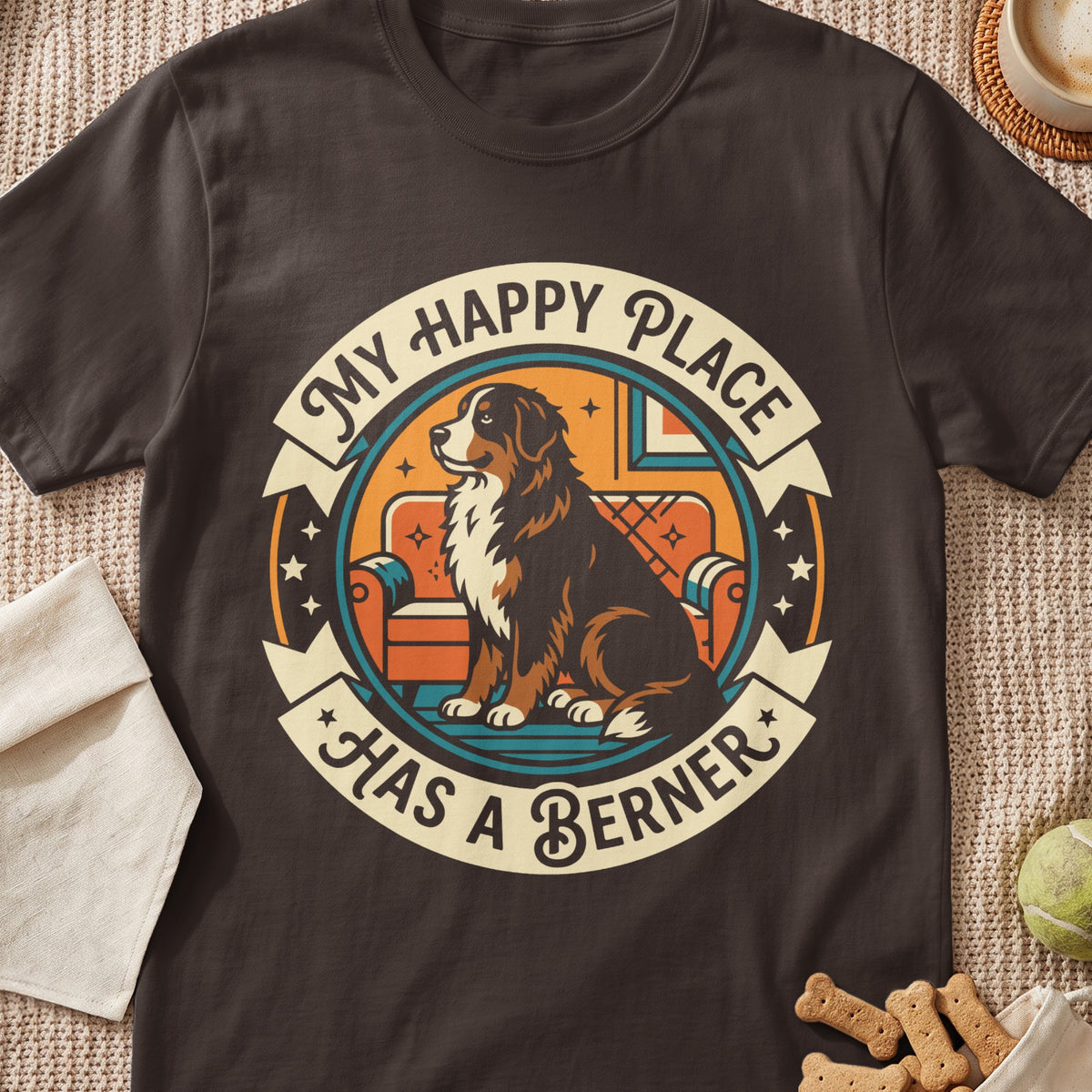 Bernese Mountain Dog on couch graphic with text "MY HAPPY PLACE HAS A BERNER".