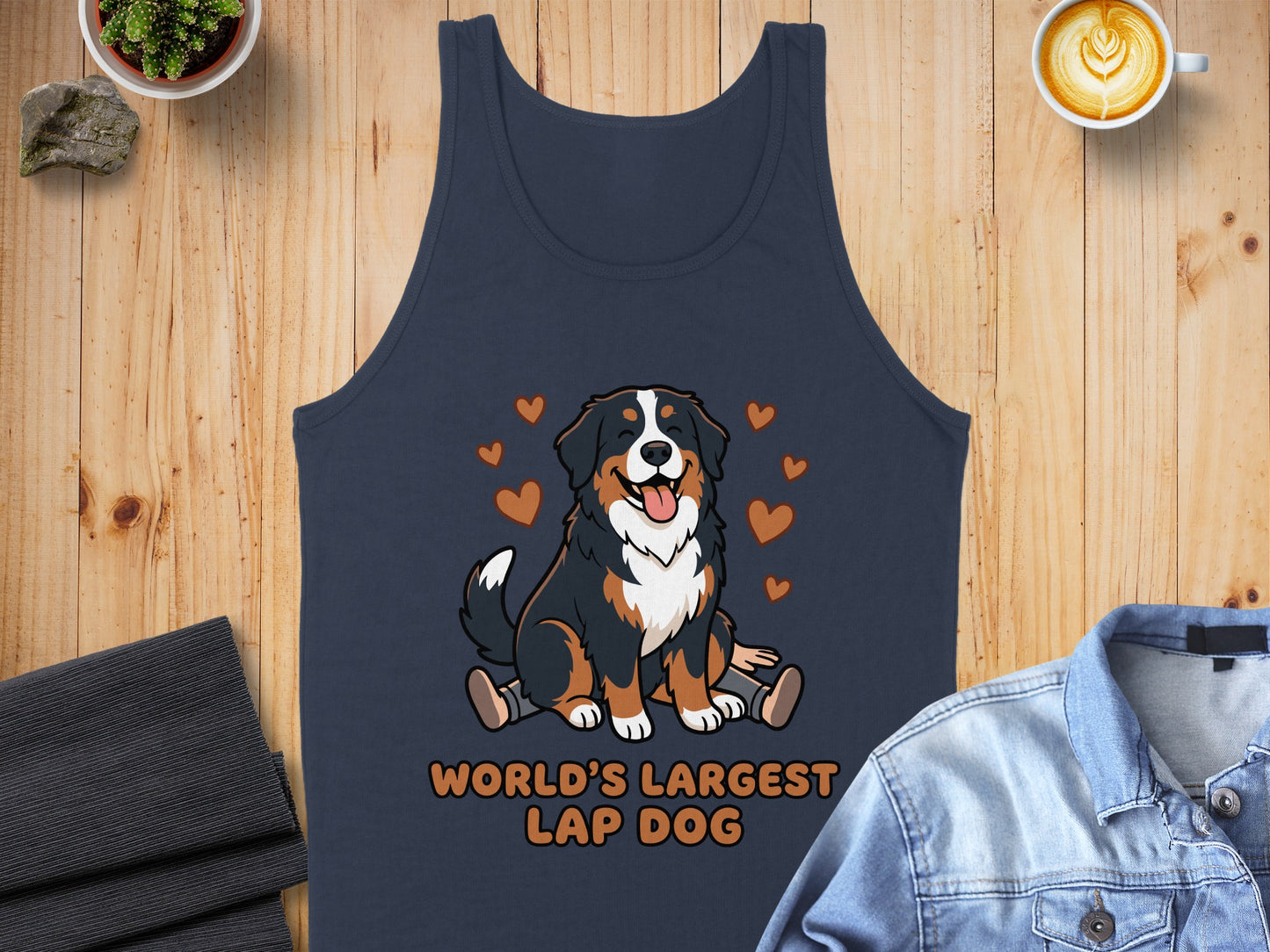 Navy tank top with cartoon Bernese Mountain Dog and "World's Largest Lap Dog" text.