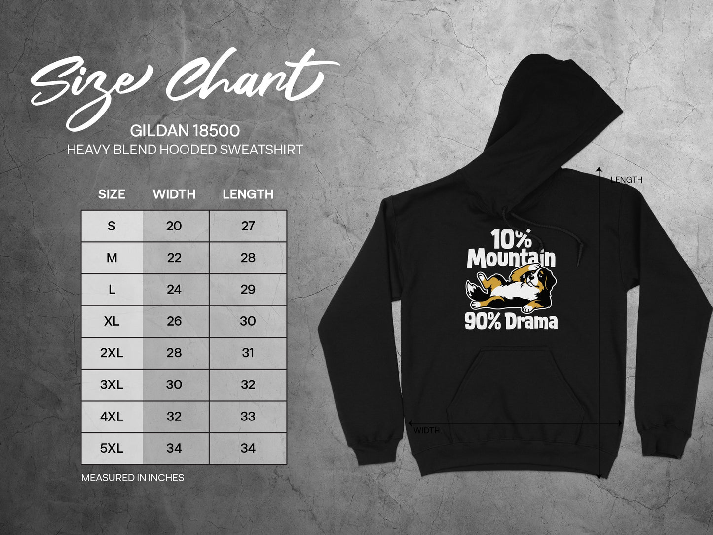 Size chart for Gildan 18500 heavy blend hooded sweatshirt with measurements.
