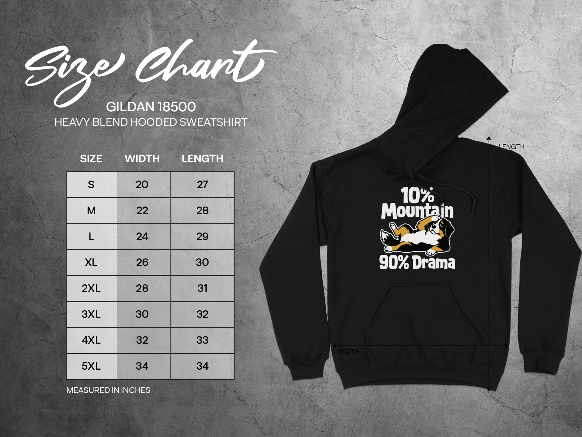 Size chart for Gildan 18500 heavy blend hooded sweatshirt with measurements.