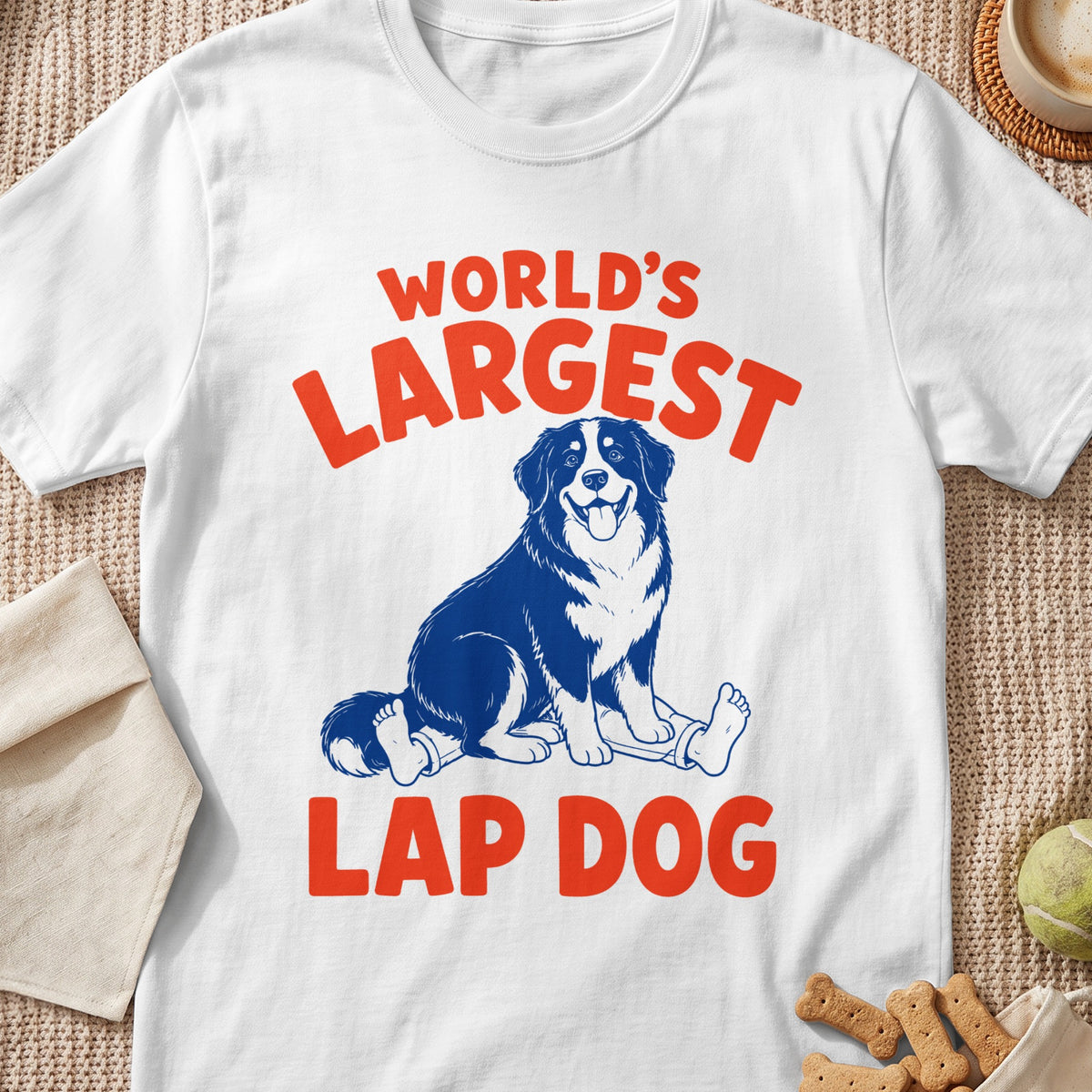 White t-shirt with "World's Largest Lap Dog" text and a dog illustration.