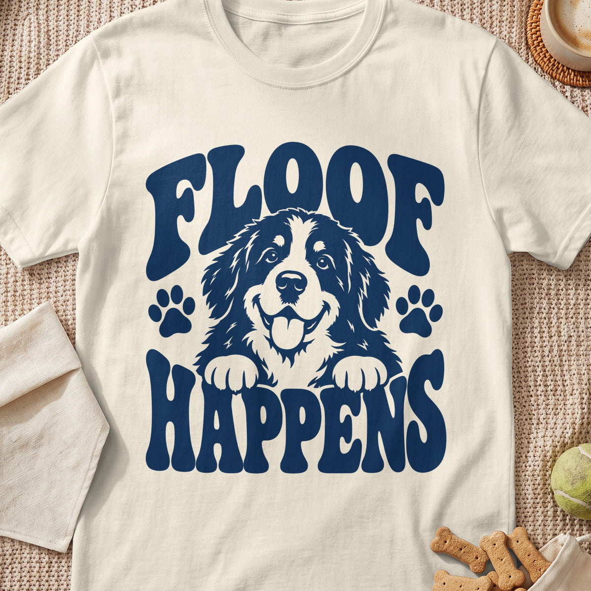 Cream t-shirt with blue text "FLOOF HAPPENS" and a Bernese Mountain Dog graphic.
