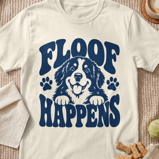 Cream t-shirt with blue text "FLOOF HAPPENS" and a Bernese Mountain Dog graphic.