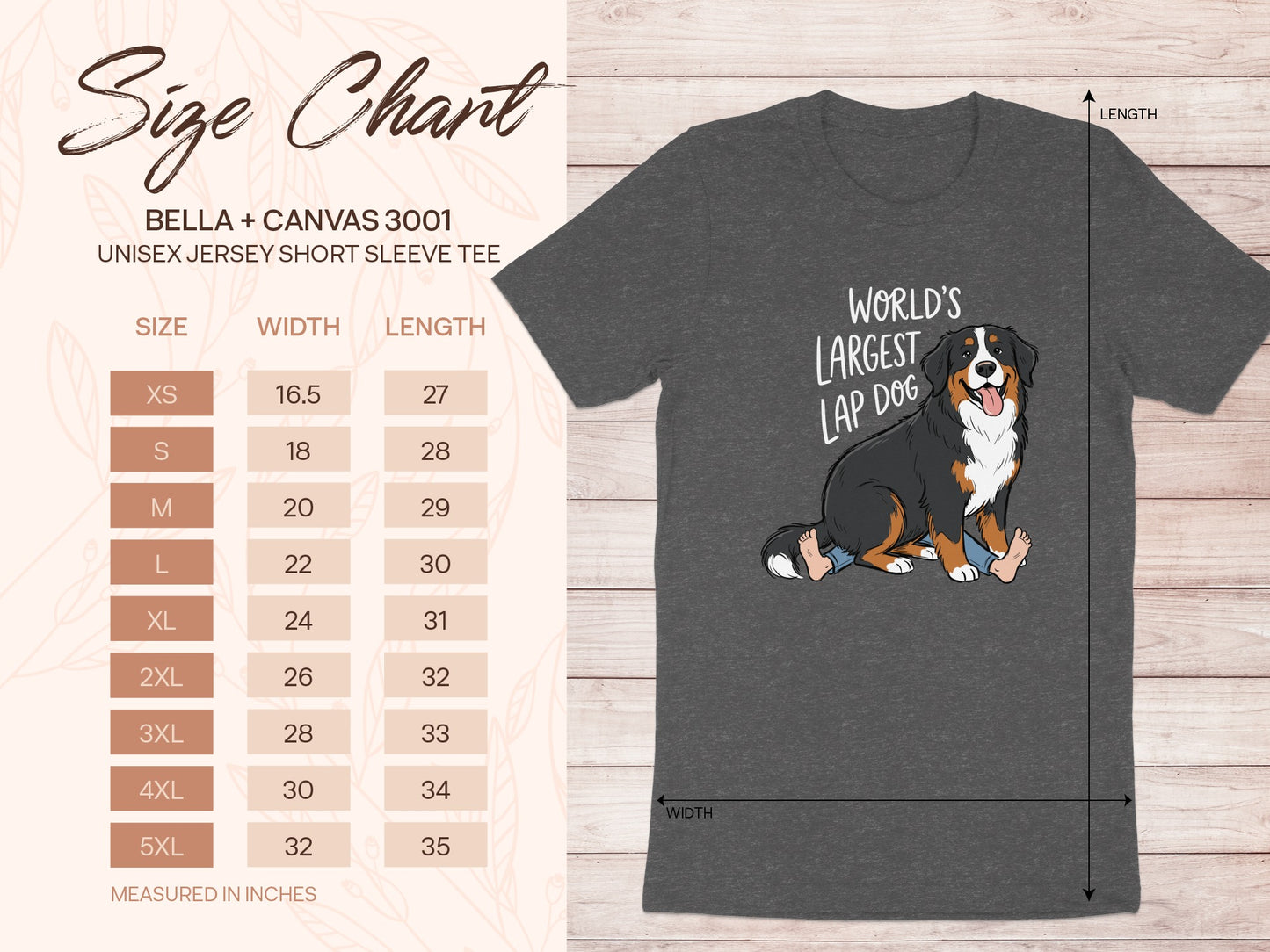 Size chart for Bella + Canvas 3001 unisex tee with Bernese Mountain Dog graphic.