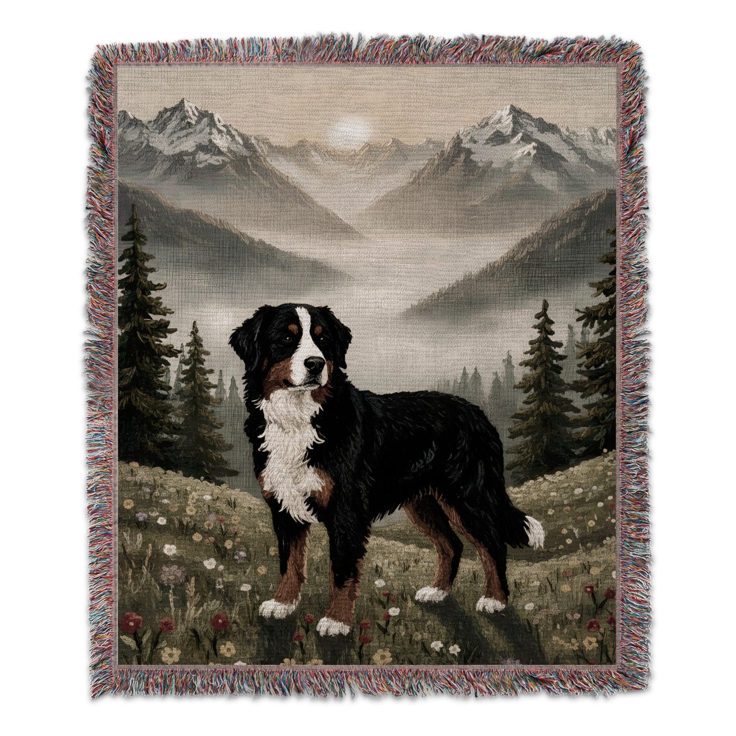Mountain Scene with Bernese Mountain Dog Blanket