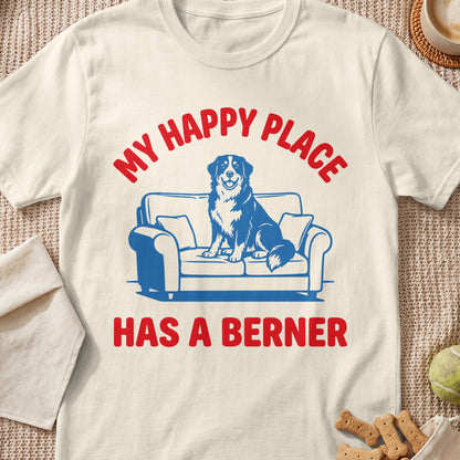 Bernese Mountain Dog on couch with text "My Happy Place Has a Berner."