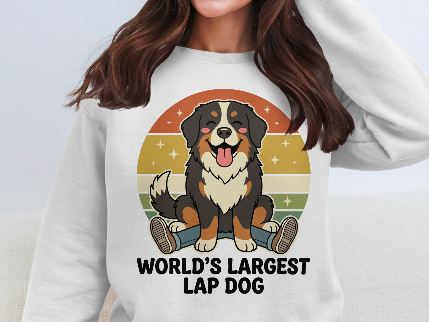 Sweatshirt with cartoon Bernese Mountain Dog and text "WORLD'S LARGEST LAP DOG".