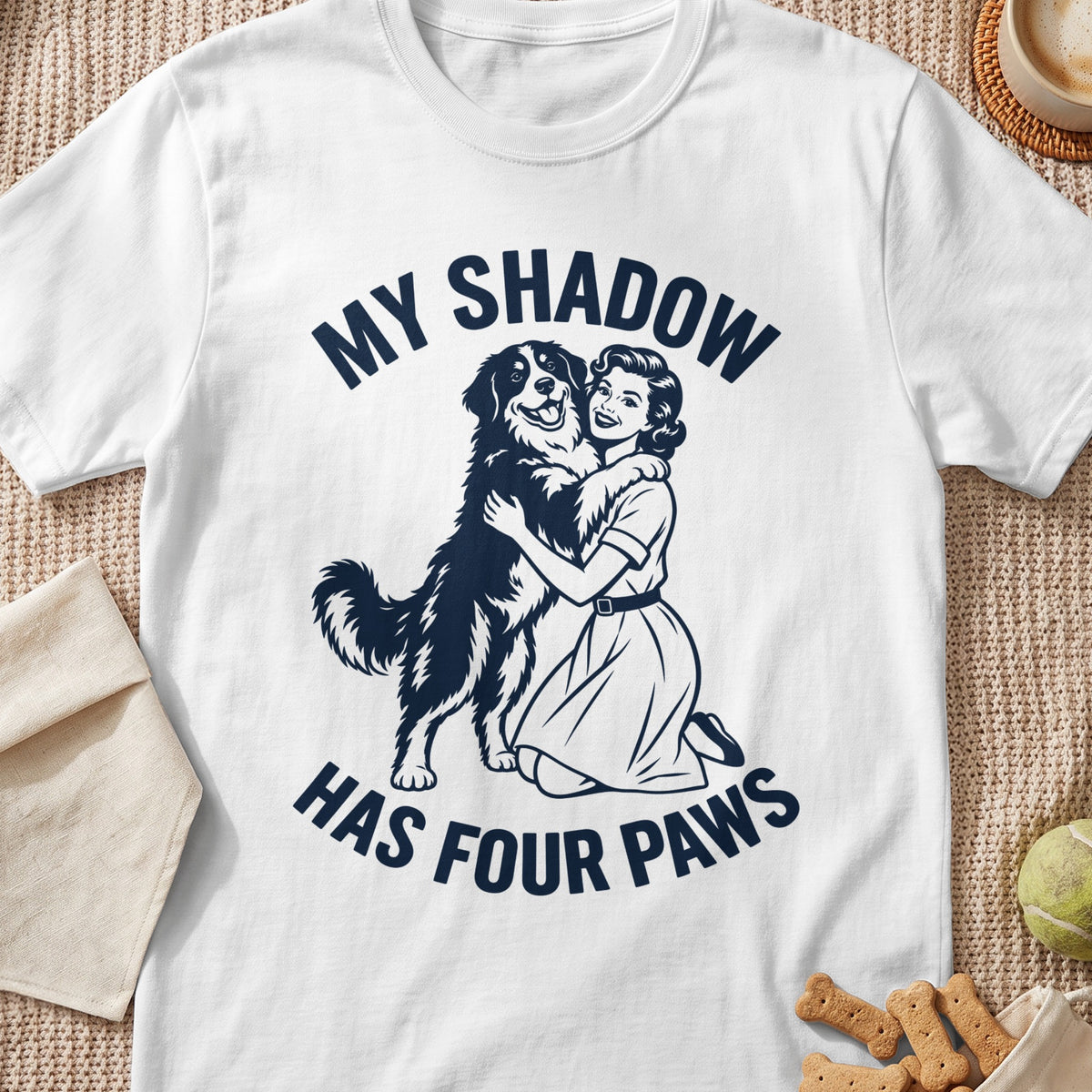 Woman hugging a dog with text "MY SHADOW HAS FOUR PAWS".