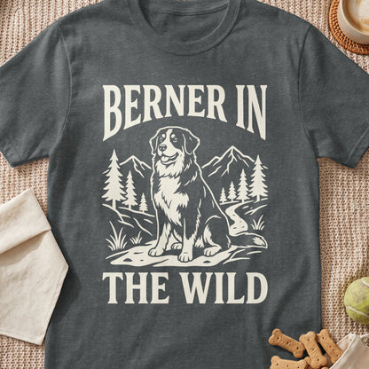Dark grey t-shirt with cream graphic: "BERNER IN THE WILD" text and sitting Bernese Mountain Dog.
