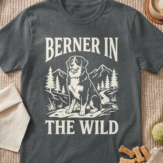 Dark grey t-shirt with cream graphic: "BERNER IN THE WILD" text and sitting Bernese Mountain Dog.