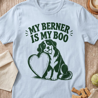 White t-shirt with green graphic: "MY BERNER IS MY BOO" and a Bernese Mountain Dog hugging a heart.