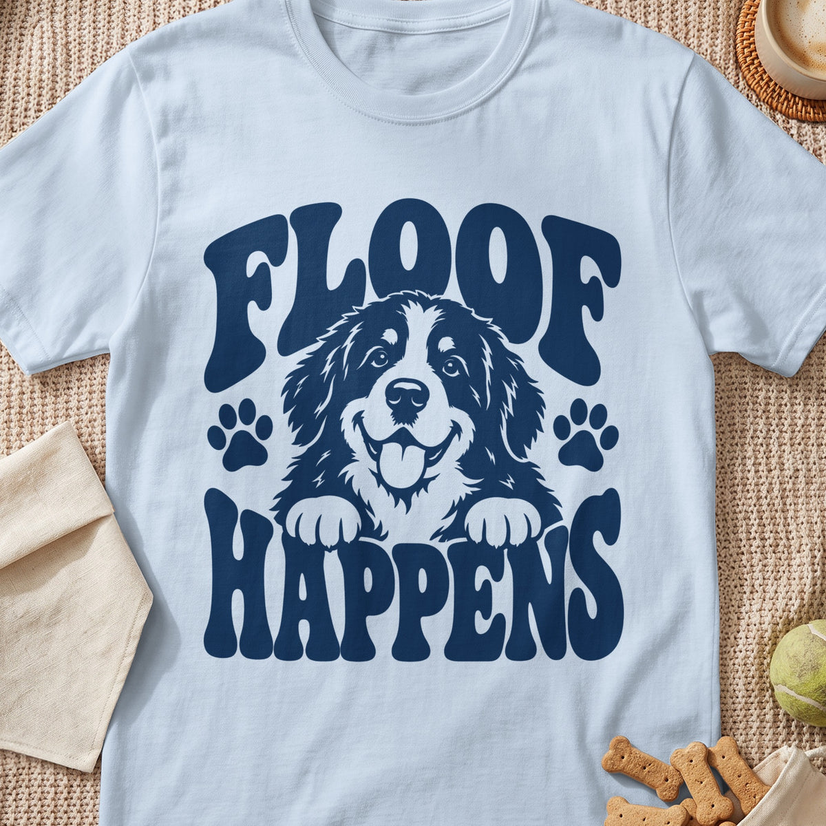 White t-shirt with blue graphic: "Floof Happens" and a happy dog.