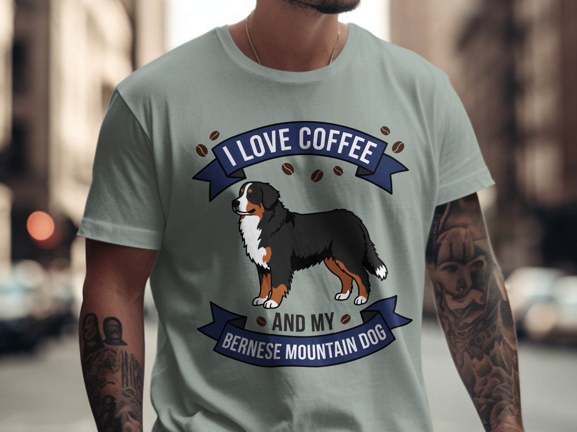 T-shirt with Bernese Mountain Dog and text "I love coffee and my Bernese Mountain Dog".