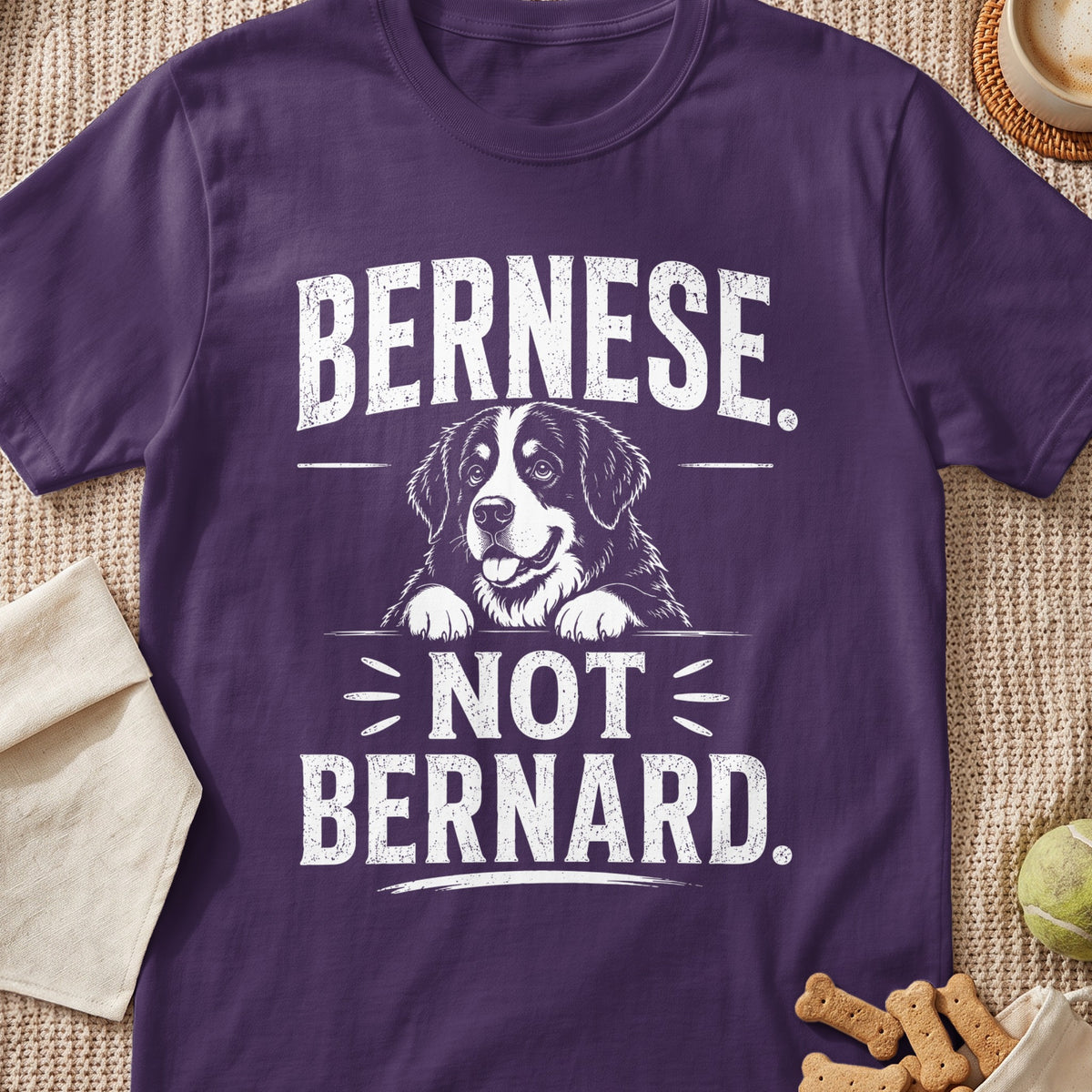Purple t-shirt with Bernese dog graphic and text "BERNESE. NOT BERNARD."