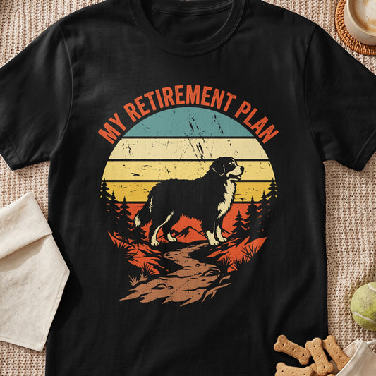 Black t-shirt with "My Retirement Plan" text and a dog in a retro sunset forest scene.