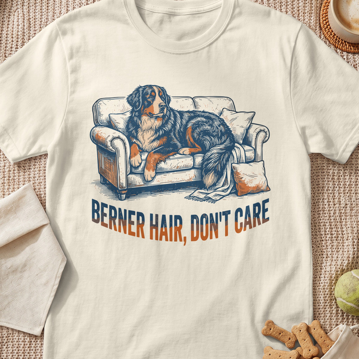 Bernese Mountain Dog on couch with text "BERNER HAIR, DON'T CARE".