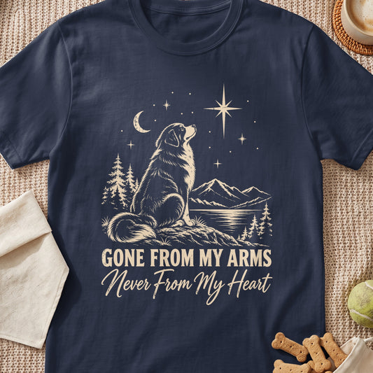 Dog looking at star with text "Gone From My Arms, Never From My Heart".