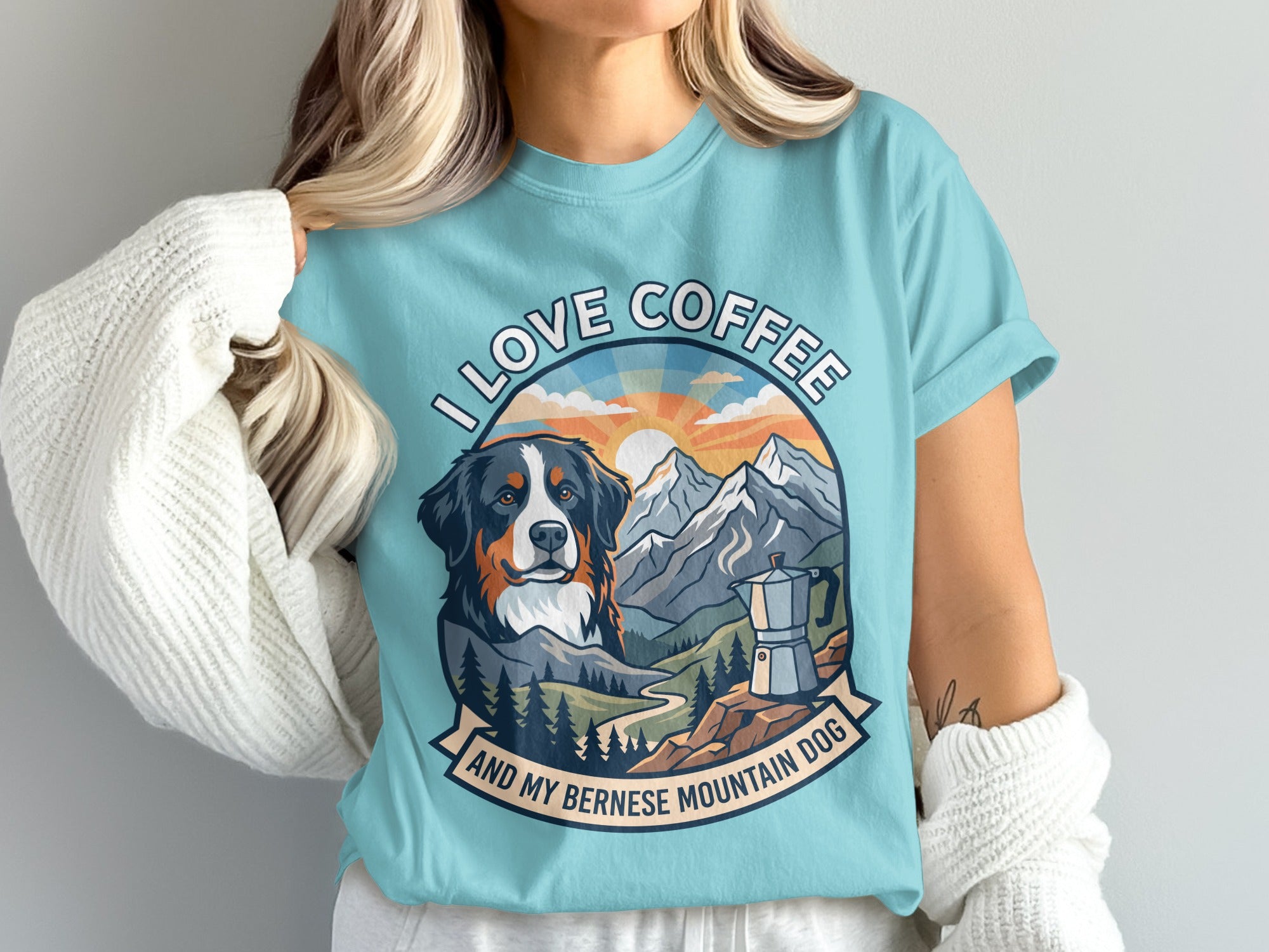 Bernese Mountain Dog design with mountains, coffee maker, and text "I Love Coffee And My Bernese Mountain Dog."