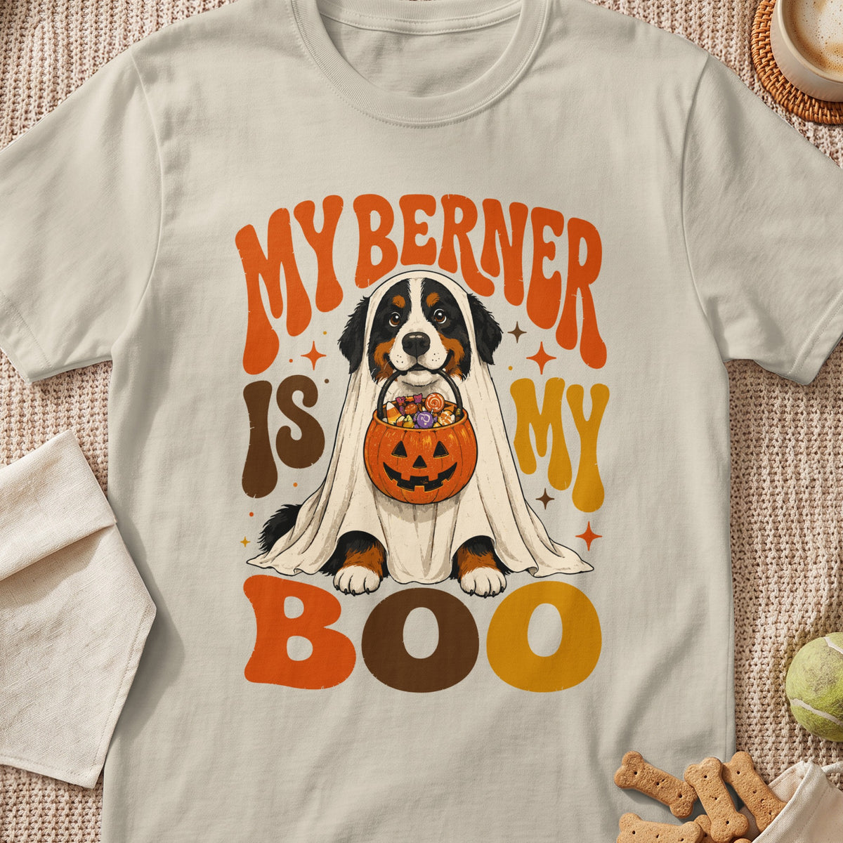 Bernese Mountain Dog ghost with candy and "My Berner is my Boo" text.