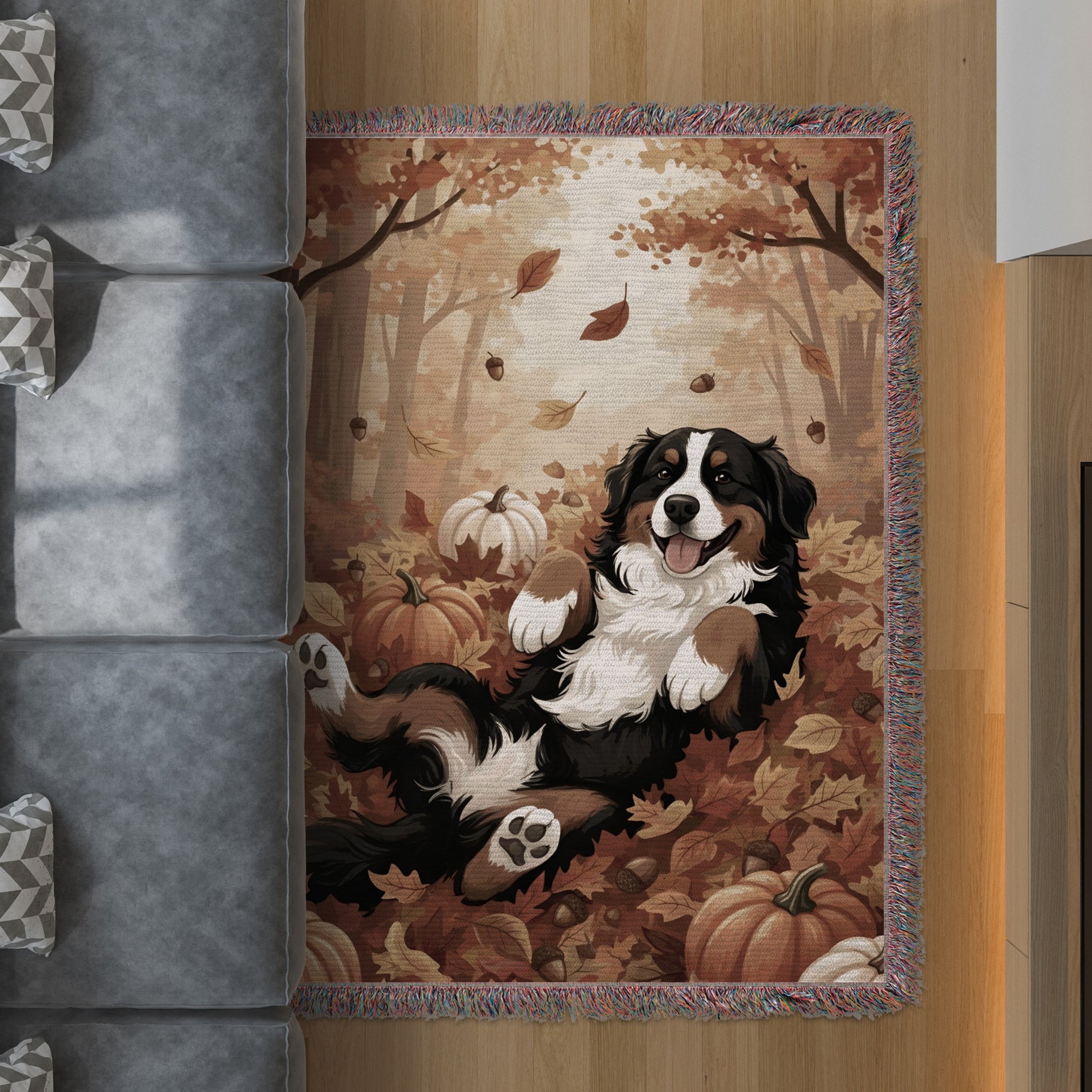 Cozy Autumn Scene with Playful Dog Design Rug