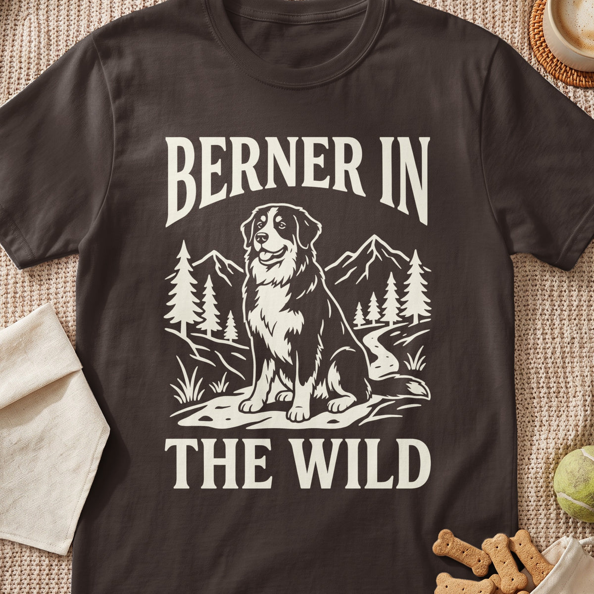 Berner in the Wild t-shirt with graphic of a dog in a mountain landscape.