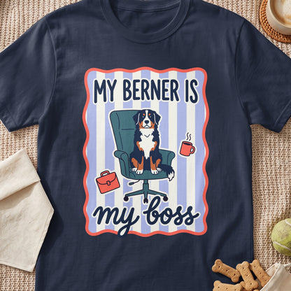 Bernese Mountain Dog sitting in an office chair with text "My Berner is my boss".