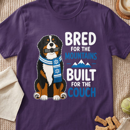 Bernese Mountain Dog graphic with text "Bred for the mountains, built for the couch."