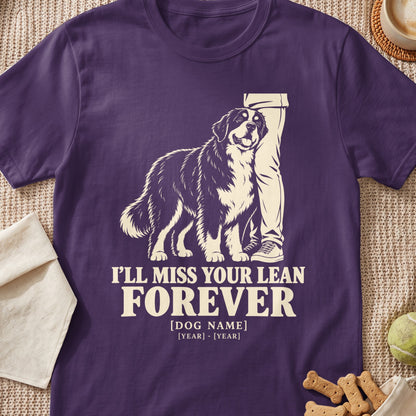 Purple t-shirt with dog leaning on a leg, saying "I'll miss your lean forever".