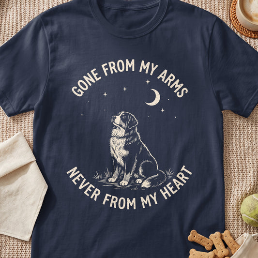 Navy t-shirt with dog graphic and text "Gone From My Arms Never From My Heart."