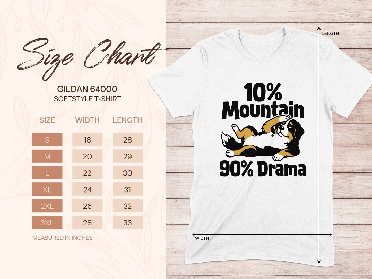Gildan 64000 softstyle t-shirt size chart with dog graphic and text.