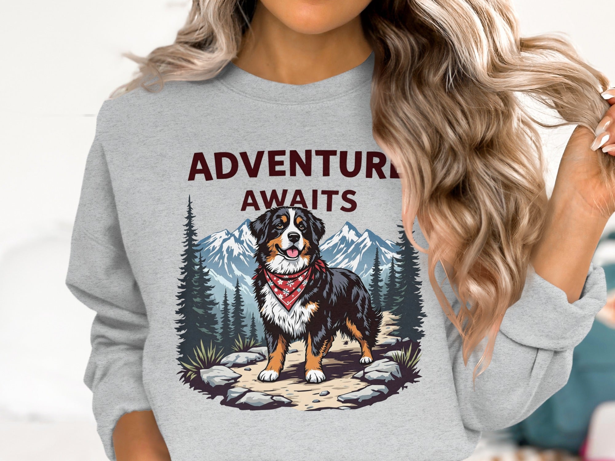 Grey sweatshirt with "ADVENTURE AWAITS" text and Bernese Mountain Dog.