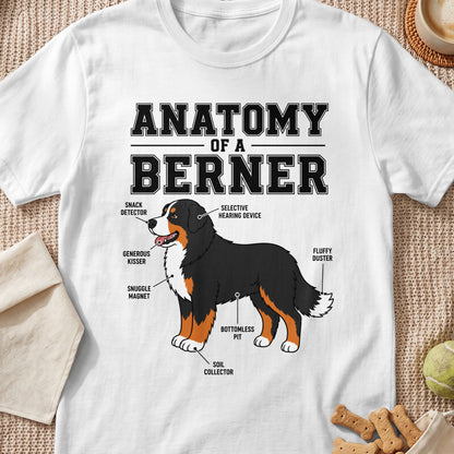 T-shirt with diagram "Anatomy of a Berner" and cartoon Bernese Mountain Dog.