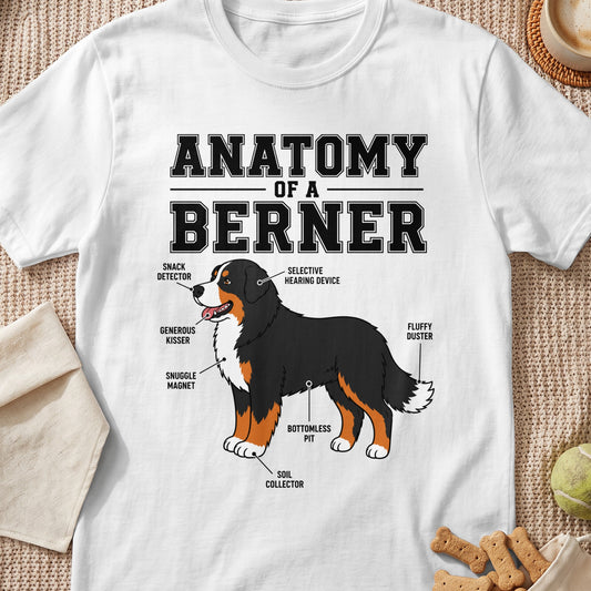 T-shirt with diagram "Anatomy of a Berner" and cartoon Bernese Mountain Dog.