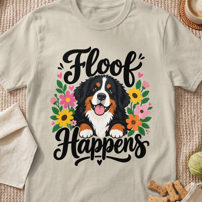Bernese Mountain Dog surrounded by flowers with text "Floof Happens".